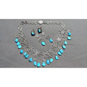 Vintage Silver And Turquoise Necklace And Earrings-jewelry
