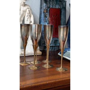 6 Champagne Flutes, Design-gold-plated Brass And Silver-plated Metal
