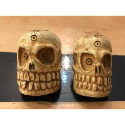 Pair Of Old Ivory Amulets: Memento Mori-skull