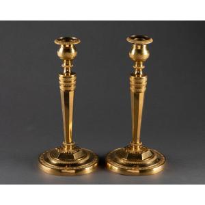 Pair Of Candlesticks In Gilt Bronze Empire Period