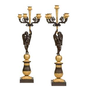 Pair Of Candelabra In Patinated And Gilded Bronze, Restoration Period