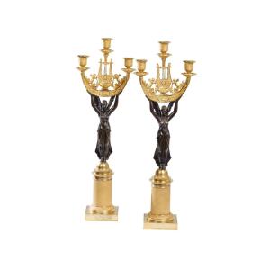 Pair Of Patinated And Gilded Bronze Candelabras, Empire Period