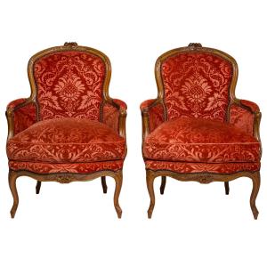 Pair Of Walnut Bergere Chairs, Louis XV Period
