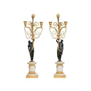 Pair Of Patinated And Gilded Bronze Candelabras, Louis XVI Period