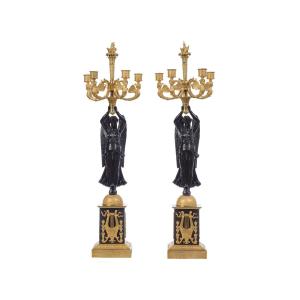 Pair Of Patinated And Gilded Bronze Candelabras, Empire Period