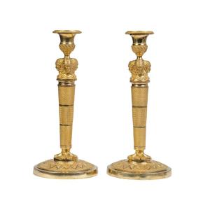 Pair Of Gilt Bronze Candlesticks Empire Period