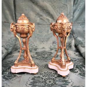 Pair Of Cassolettes In Gilt Bronze And White Marble Louis XVI Period