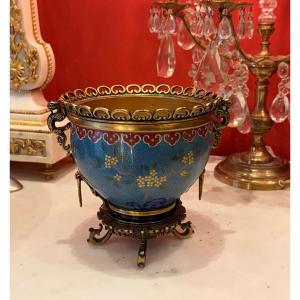 Small Barbedienne Cloisonné Enamel Bronze Plant Pot 