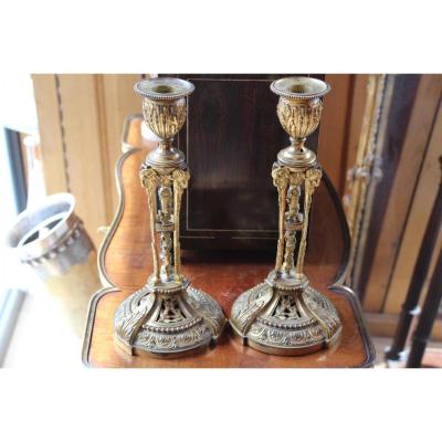 Pair Of Bronze Candlesticks Louis XVI