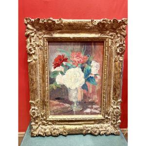 Oil On Isorel, Bouquet Of Flowers, Edgard Maxence, 20th Century