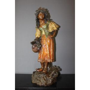 Sculpture Representing A Peasant Woman In Terracotta By Stellmacher Around 1900