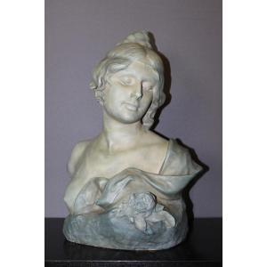 Bust Of Young Woman In Ceramic With Blue Green Patina Signed Bernstamm Edition Emile Muller