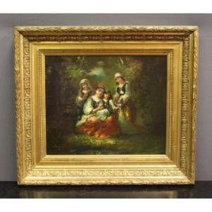 Oil On Canvas Group Of Young Girls Celebrating Spring By Borgella End XIX
