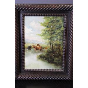 Oil On Cardboard, Cows At The River Around 1900