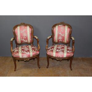 Pair Of Lyonnais XVIII Armchairs In Transitional Walnut
