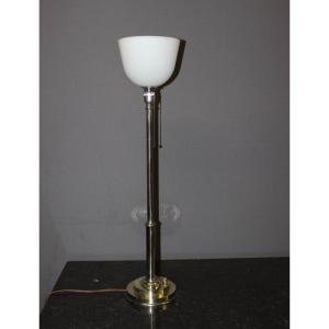 Large Art Deco Lamp In Nickel-plated Brass And Opaline