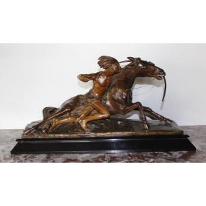 Bronze By Edouard Drouot Indian Ambushing In Front Of His Horse