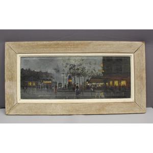 Oil On Canvas Lively View Of Paris In The Evening Circa 1900