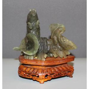 Koi Carp In Carved Green Stone Origin China XX