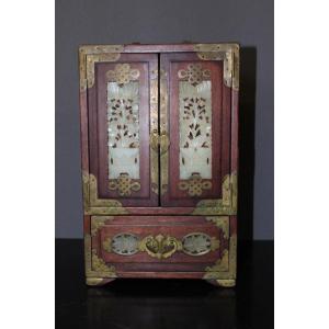 Small Chinese Cabinet In Wood And Hard Stone 20th Century