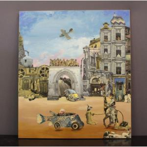 Oil On Panel, Surrealist Vision By Jacques Deal Around 1980