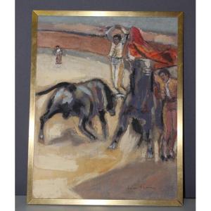 Pastel On Panel Bullfight By Léon Perrin Circa 1950