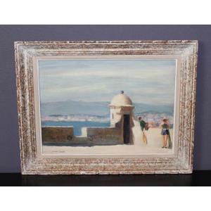 Oil On Panel Relaxing On The Ramparts By Henri Julié