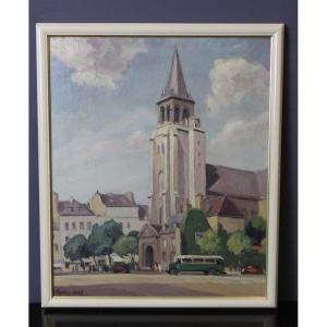 Oil On Cardboard Church Of Saint Germain Des Prés By Reillac 1937