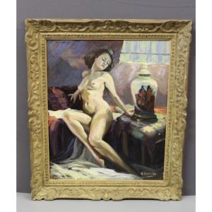 Oil On Canvas Nude With Chinese Vase By Vauclin