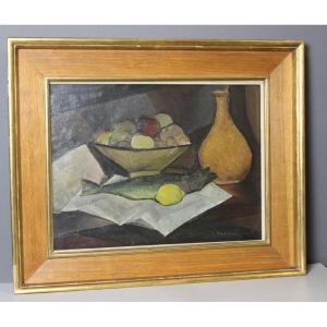 Oil On Canvas Still Life With Trout By Sabatier Circa 1940