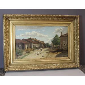 Oil On Canvas By Boudier, Farmyard In The Vosges 19th Century 