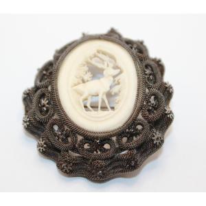 Steel And Carved Bone Brooch With Deer Circa 1900