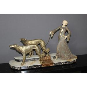 Chryséléphantine, Woman With Greyhounds By Georges Gori Circa 1925
