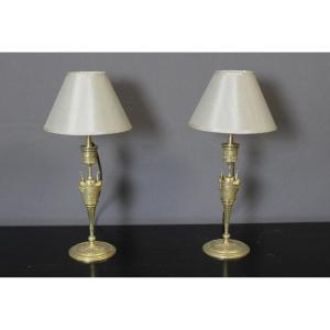 Pair Of Bronze Candlesticks Mounted As Lamps Circa 1880