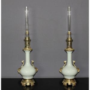 Pair Of Porcelain And Bronze Oil Lamps From The Late 19th Century