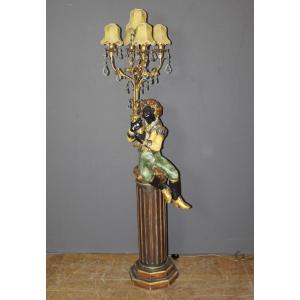 Nubian Torch Holder In Polychrome Wood, Circa 1950