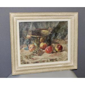 Oil On Panel, "copper With Apples" Circa 1940