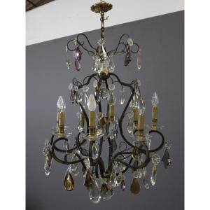 Chandelier With Crystal Drops And Bronze, Diameter 66 Cm, Circa 1900