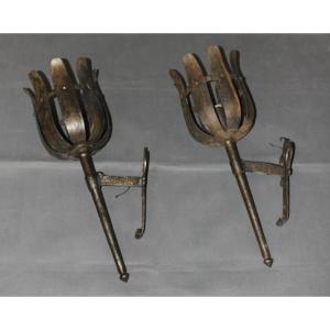 Pair Of Medieval-style Wrought Iron Wall Sconces Signed Reboulet