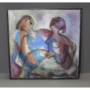 Painting On Canvas Of Two Women, Circa 1950