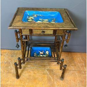 Napoleon III Table In Bamboo And Choisy Le Roi Earthenware, 19th Century