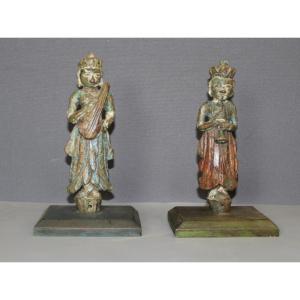 Pair Of Polychrome Wood Sculptures , North India XIX