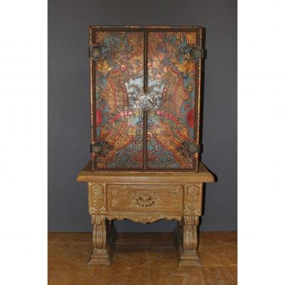 Art Deco Cabinet In Struck Leather And Limed Oak Neoclassical Style 1940