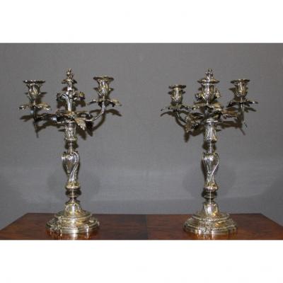 Pair Of Louis XV Style Candlesticks In Silver Bronze XIX
