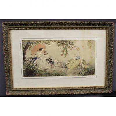 Ink And Watercolor Drawing Young Girls Playing Cards Around 1900