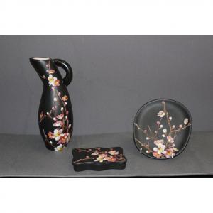 Set Of Three Ceramics By Giraud In Vallauris Apple Blossoms