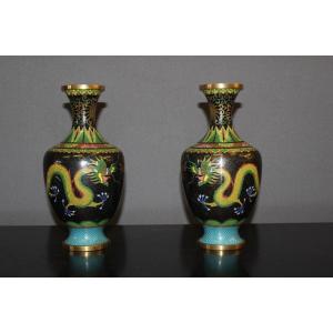 Pair Of Chinese Cloisonne Vases Dragon Decor Circa 1900