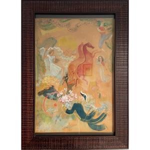 Mig Quinet, Large Mixed Technique, Watercolor And Gouache Drawing, Titled, 1939, Framed