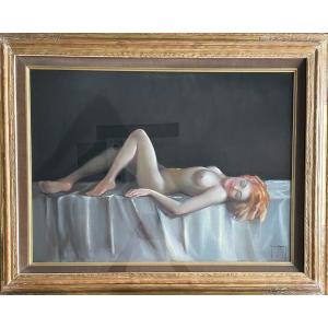Raymond Van Doren, Reclining Nude, Large Pastel On Paper, Signed, Ca 1955, Belgian School, Framed