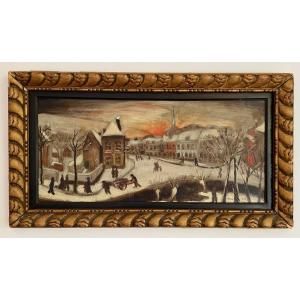 Marcel Gillis (1897-1972), Winter Scene, Hs Cardboard, Signed, Ca1935, Dim: 41x75, Framed.